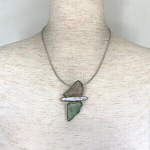 Sterling Silver 925 Beach Glass & Biwa Pearl Pendant Necklace 16"-18" Chain